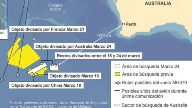 Mapa del área de búsqueda del vuelo MH370