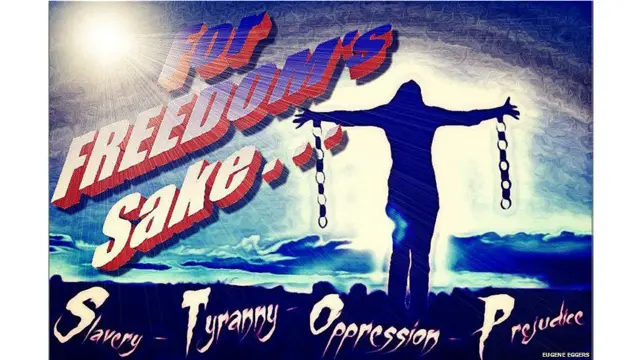 کیلیفورنیا سے یوجین ایگر کا اپنی اس تصویر کے بارے میں کہنا ہے کہ ’آزادی‘ کا اصل مطلب غلامی اور ظلم سے نجات ہے۔ تصویر کے نچلے ہصے میں انگریزی لفظ ’سٹاپ‘ کے حجے یہ ظاہر کرتے ہیں ہمیں ہر ظلم اور زیادتی کو روکنا ہے۔ 