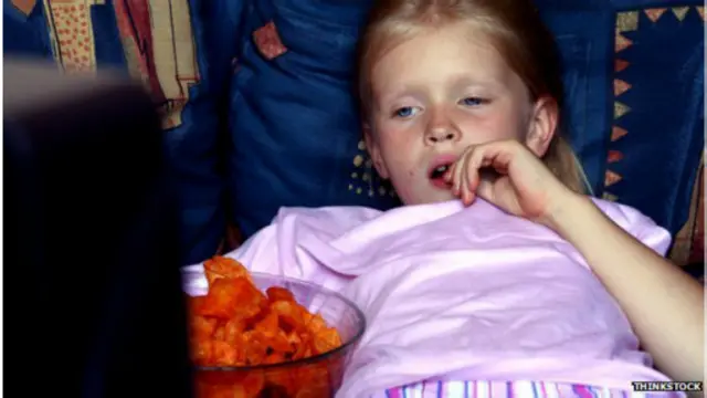 孩子在电视前吃东西