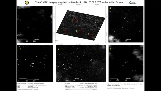 हिंद महासागर के दक्षिणी हिस्से में तैरते हुए कुछ टुकड़ों की उपग्रह से 24 मार्च को ली गई तस्वीर. ये फोटो थाईलैंड की जियो-इन्फॉर्मेटिक्स एंड स्पेस टेक्नॉलॉजी डेवेलपमेंट एजेंसी ने 27 मार्च 2014 को जारी की है.