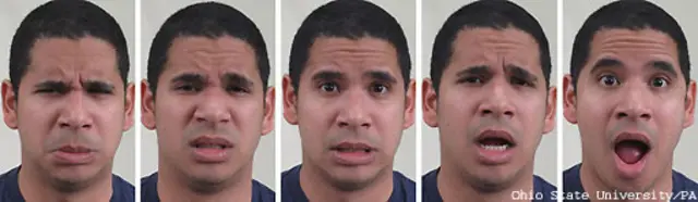 از چپ: غمگین عصبانی، غمگین مشمئز، غمگین ترسیده، غمگین متعجب، متعجب