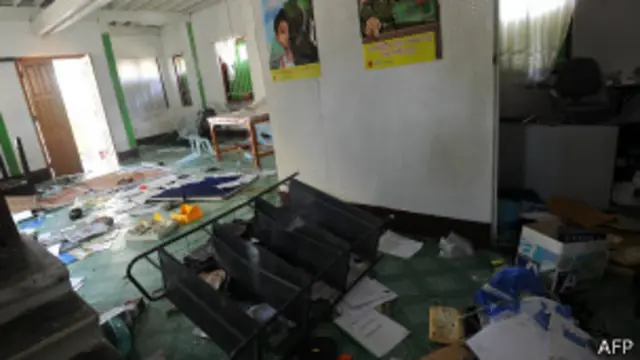 ဖျက်ဆီးခံရတဲ့ စစ်တွေက အန်ဂျီအို ရုံးခန်းတစ်ခု