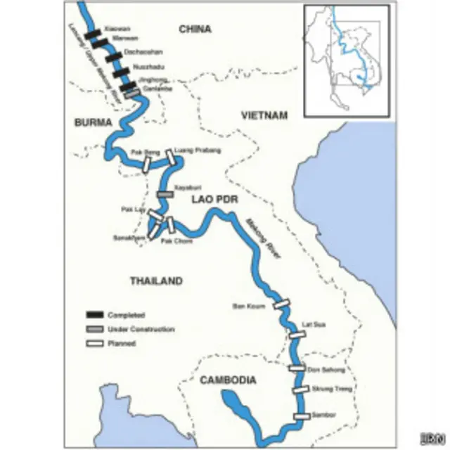 Các đập thủy điện trên sông Mekong (nguồn: Tổ chức sông ngòi Quốc tế)