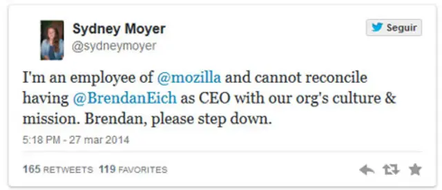 "Soy empleada de Mozilla y no puedo aceptar el tener a Brendan Eich como</br>CEO y mantener nuestra cultura y misión en la organización".