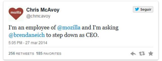 "Soy empleado de Mozilla y pido la dimisión de Brendan Eich como CEO".