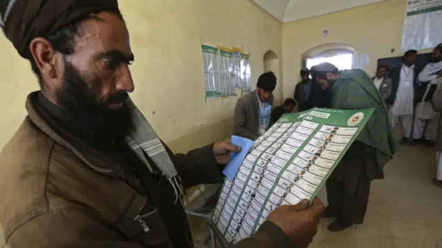 د هرات په ادرسکن ولسوالۍ کې یو کس د خپلې خوښې کاندید پسې رایه پاڼه ګوري.