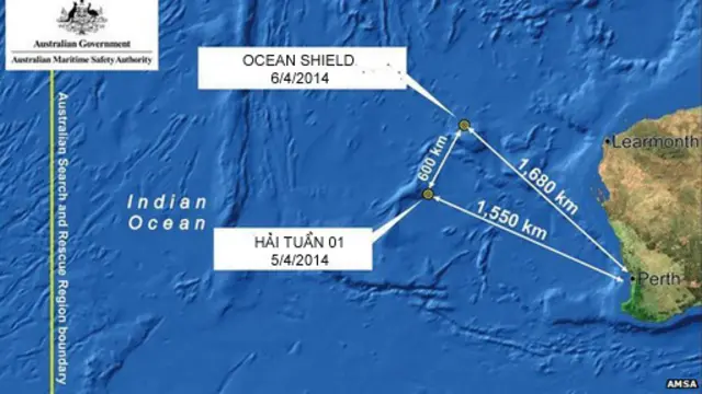Vị trí tín hiệu dò được của hai tàu Ocean Shield và Hải Tuần 01