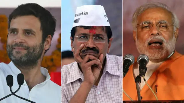از راست به چپ: مودی، کژریوال و گاندی
Rahul Gandhi, Arvind Kejriwal and Narendra Modi