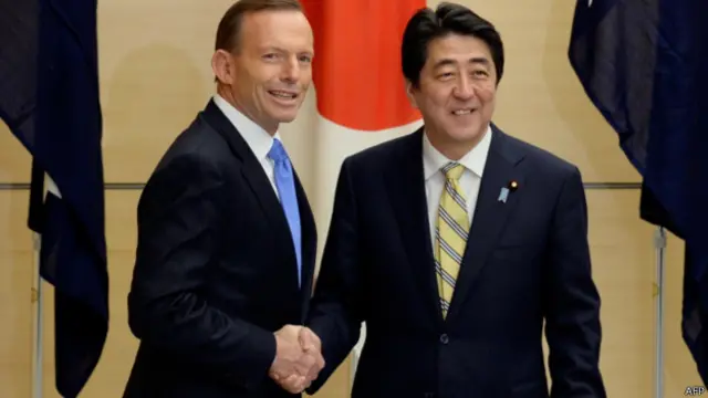 澳大利亚总理阿博特与日本首相安倍（07/04/2014）