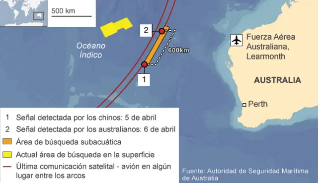 Mapa de la búsqueda del avión de Malaysia Airlines