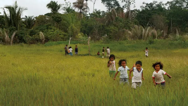 Rondônia'daki Uruewawaw doğal koruma alanında çocuklar futbol oynuyor.