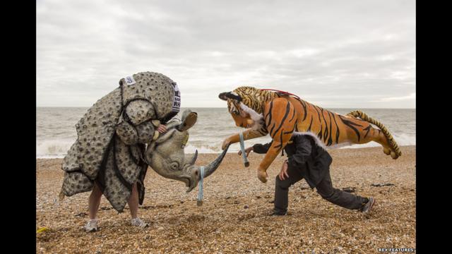 Paul Cuddeford con su disfraz de rinoceronte y Goldstein en la playa de Brighton