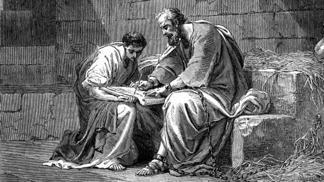 El apóstol San Pablo escribiendo en prisión