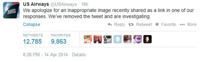 Mensaje publicado en Twitter por US Airways