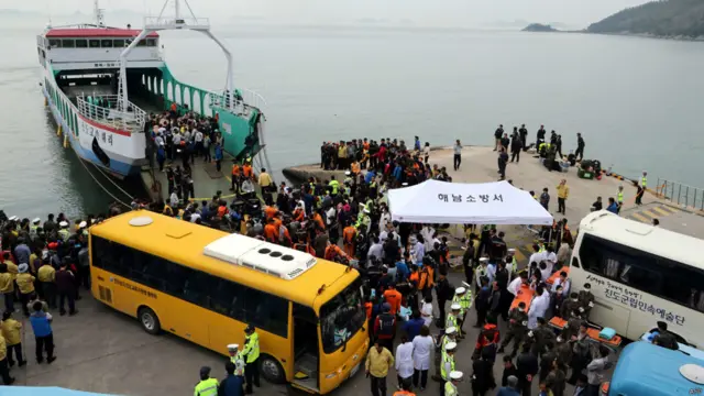 韓國珍島郡珍島某碼頭屏風島沉船事故的倖存者登岸（16/4/2014）