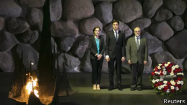 اد میلیبند در یَد و شِم، بنای یادبود قربانیان هولوکاست. سفر به اسرائیل اولین سفر مهم بین المللی او محسوب می شود