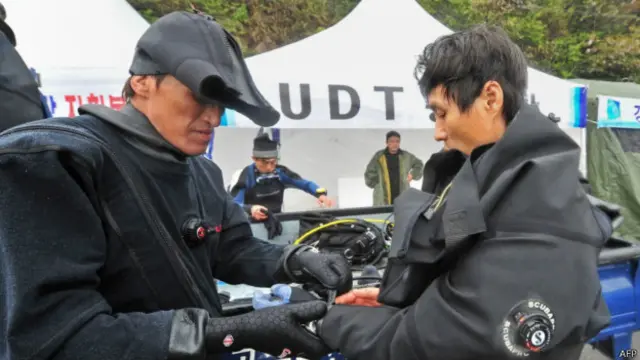 潜水员进行下潜准备（2014年4月18日）