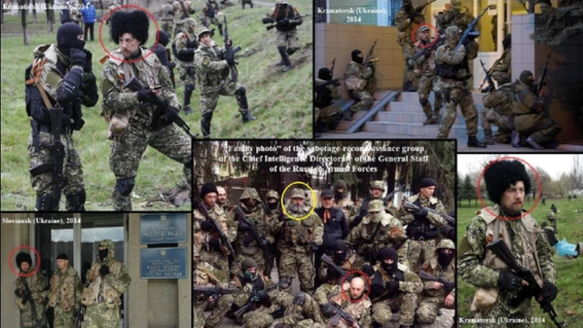 Ukrayna diqqəti silahlı fəallarla fotonun mərkəzindəki Rusiya hərbi kəşfiyyat zabitləri arasında oxşarlığa yönəldir.