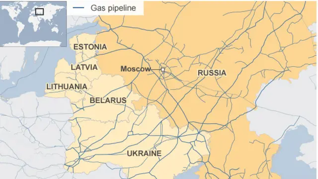 یورپ میں گیس کی پائپ لائینوں کا جال، جہاں روسی گیس کی سب سے زیادہ لائینیں یوکرین سے گذر رہی ہیں