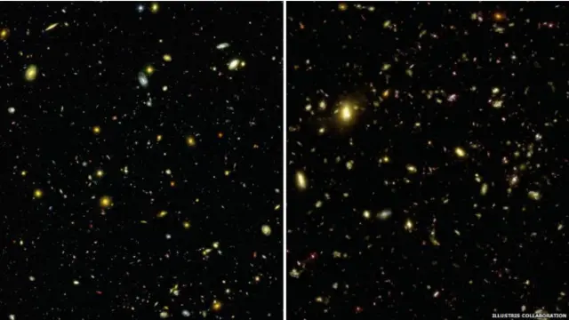 Imagem do Universo real e da sua simulação (Illustris Collaboration)