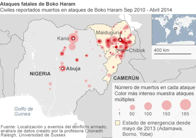 Mapa de ataques de Boko Haram en Nigeria