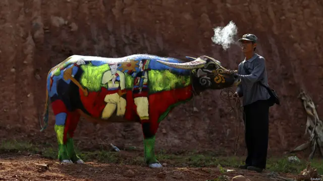 یہاں ایک شخص اپنی بھینس کے ساتھ فکر کو دھوئیں میں اڑانے کی کوشش میں تاہم بھینس اس کی فکر سے بے پروا ہے۔