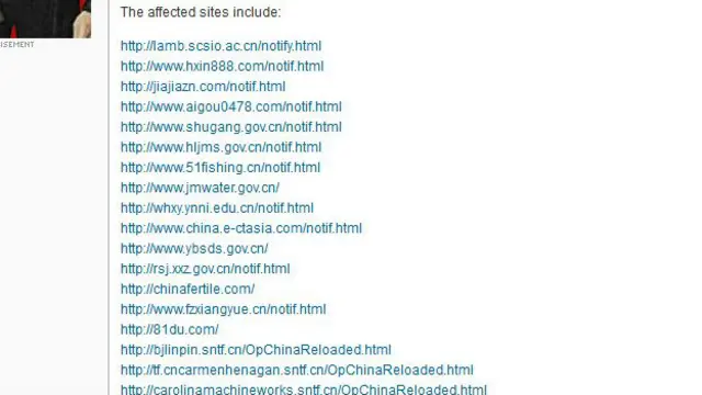 黑客在臉書上公布的遭攻擊的中國網站部分名單（截圖，20/05/2014）