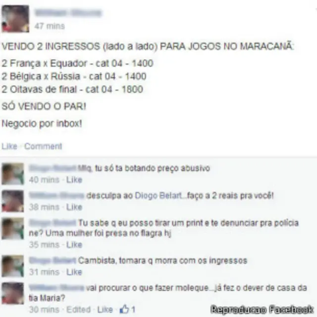 Membros de um grupo no Facebook discutem preço de ingresso da Copa / Crédito: Reprodução