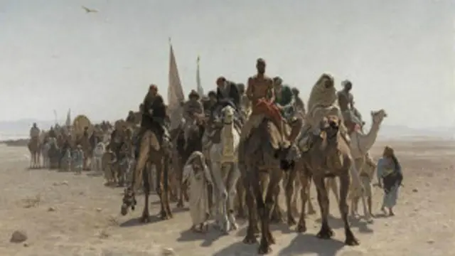 فرانسوي هنرمند لیون بیلي په ۱۹۶۱ کال مکې ته د تلونکو حاجیانو یو انځور کښلی دی.