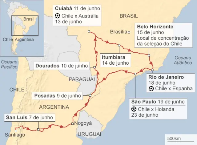 A viagem dos chilenos incluirá paradas no Chile e na Argentina