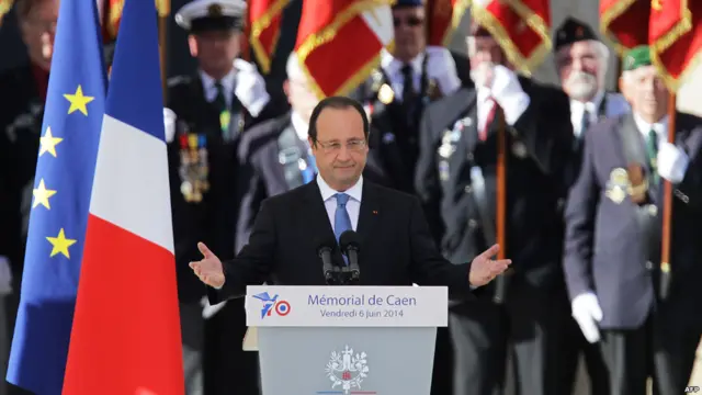 法国总统奥朗德在纪念仪式上讲话，盛赞诺曼底登陆“改变了世界”。 
