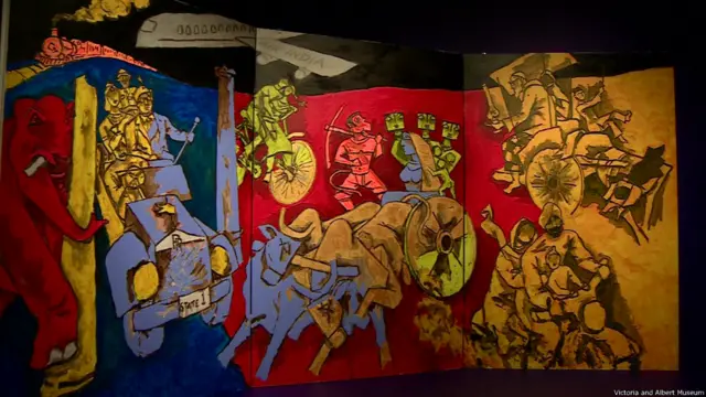 इस पेंटिंग को हुसैन ने 'परिवहन के साधन' नाम दिया है. पहले पैनल में रॉल्स रॉयस से लेकर रेल और एयर इंडिया के चित्र हैं. दूसरे चित्र में पंठरपुर की यात्रा है तो भक्तों की बैलगाड़ी खींचते हनुमान भी मौजूद हैं. साथ ही एक चित्र अपनी प्रेमिका को साइकिल पर बिठाकर जाते प्रेमी का चित्र भी उकेरा गया है. तीसरी तस्वीर ख़ुद हुसैन के परिवार की है जिसमें तांगे पर हुसैन के दादा अब्दुल लालटेन हाथ में थामे पीछे बैठे हैं और हुसैन तांगा हांक रहे हैं. साथ में बजाज स्कूटर पर अपने परिवार को ले जाते सरदारजी भी नज़र आ रहे हैं. 