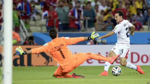 مارکوس یورینا کے تیسرے گول نے کوسٹاریکا کی جیت کو یقینی بنا دیا اور کوسٹا ریکا نے یوراگوئے کو ایک کے مقابلے میں تین گولز سے شکست دی۔