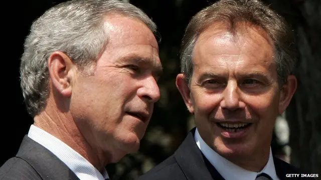 عراق جنگ کے وقت جارج بش امریکہ کے صدر جبکہ ٹونی بلیئر برطانیہ کے وزیراعظم تھے