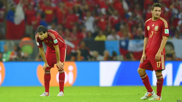 ورلڈ کپ کے دفاعی چیمپیئن سپین کو ٹورنامنٹ میں اس کے دوسرے میچ میں چلی نے صفر کے مقابلے میں دو گول سے شکست دے دی۔
عالمی مقابلوں کی تاریخ میں یہ پانچواں موقع ہے کہ دفاعی چیمپیئن ٹیم پہلے ہی راؤنڈ میں ٹورنامنٹ سے باہر ہوگئی ہو۔