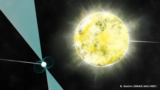 Interpretación artística de la enana blanca orbitando el pulsar PSR J2222-0137