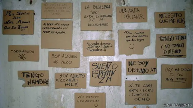 Cartazes feitos por moradores sem-teto (Homelessfonts)