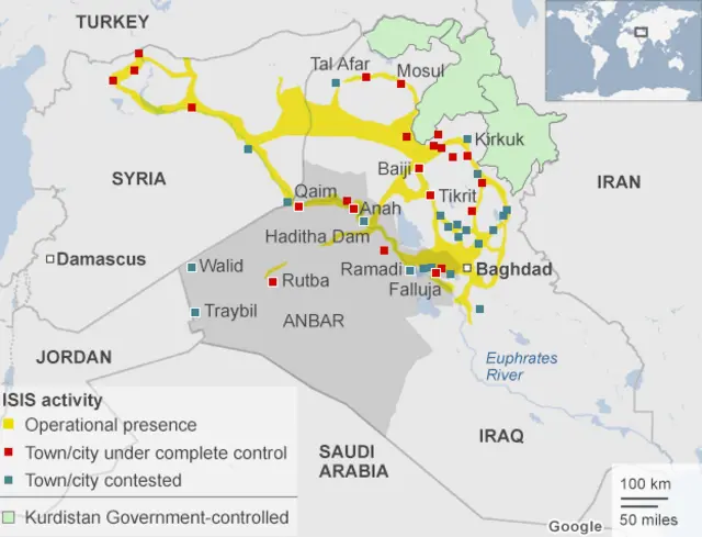 Vùng màu đỏ do Isis kiểm soát, màu xanh đậm đang có tranh chấp, xanh nhạt do Chính quyền Kurd kiểm soát và vùng vàng là những nơi có hoạt động của Isis