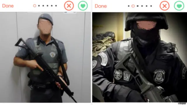 Fardados mostram pistolas, fuzis, escopetas e até helicópteros de guerra em aplicativo de paquera