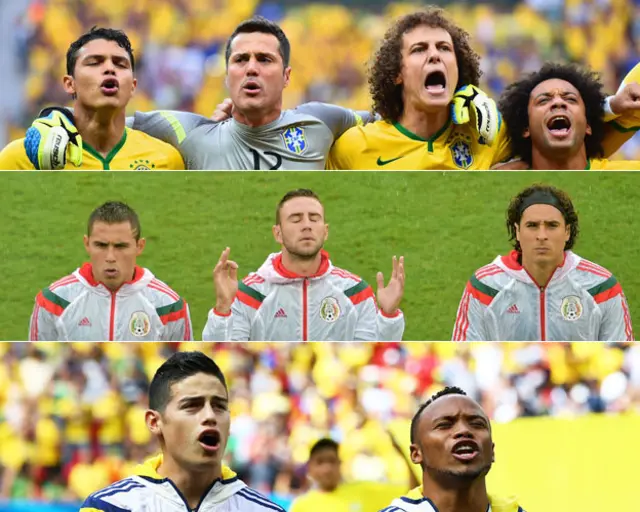 Equipos de Brasil, México y Colombia entonando su himno nacional