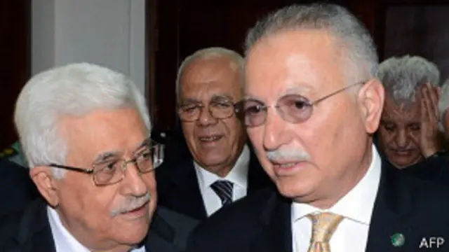 Ekmeleddin Ihsanoglu (der.) con Mahmoud Abbas, presidente de la Autoridad Nacional Palestina.
