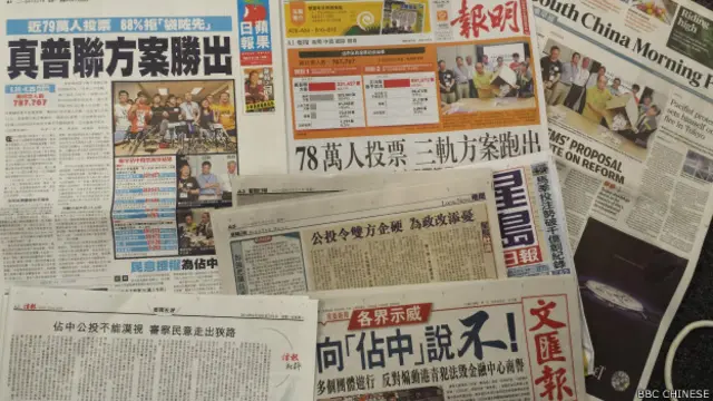 香港报纸广泛报道民间全民投票结果（30/06/2014）