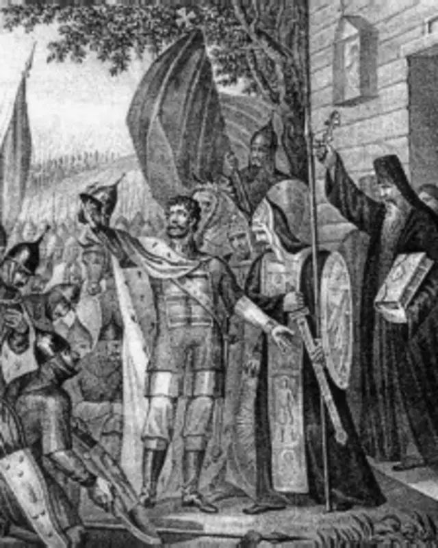 Сергий Радонежский благословляет Дмитрия Донского на Куликовскую битву (гравюра Бориса Чорикова)