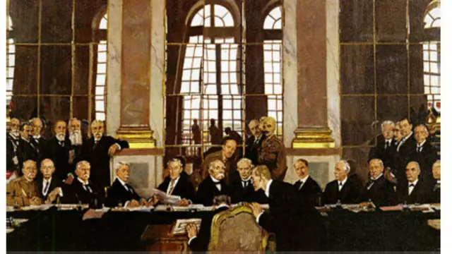 امضای معاهده ورسای در تالار آینه کاخ ورسای، 28 ژوئن 1919. نقاشی از ویلیام اورپن