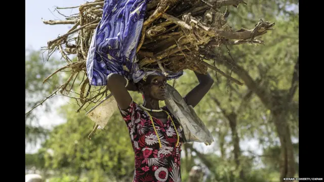 Une déplacée Nuer avec un tas de bois sur sa tête, à Bor, Etat de Jonglei, Soudan du Sud