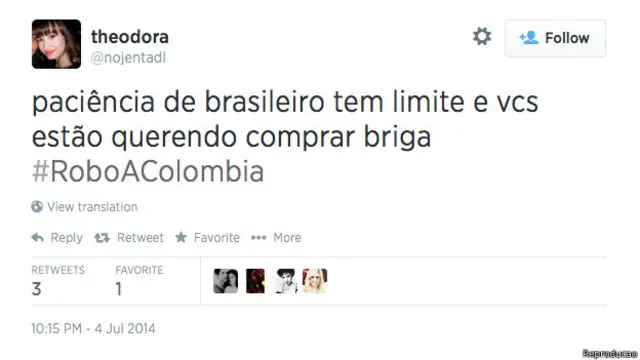 Tweet sobre partida Brasil x Colômbia (Reprodução)