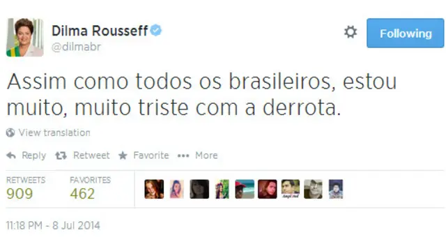 Dilma tuítou quatro vezes após derrota brasileira
