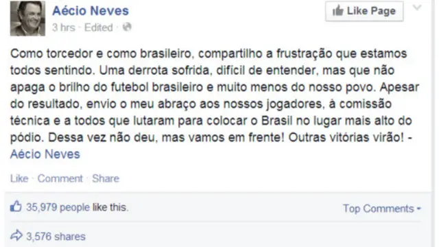 Aécio falou em "frustração" pelo Facebook