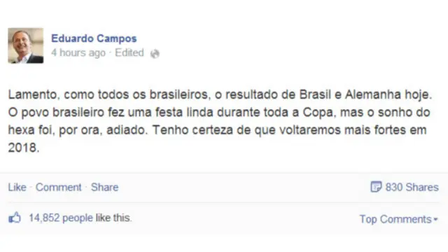 Pela redes sociais, Campos disse "lamentar" derrota