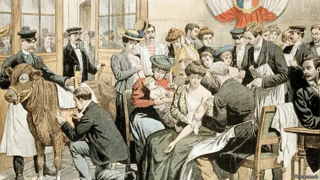 Прививка от оспы во Франции - старая иллюстрация